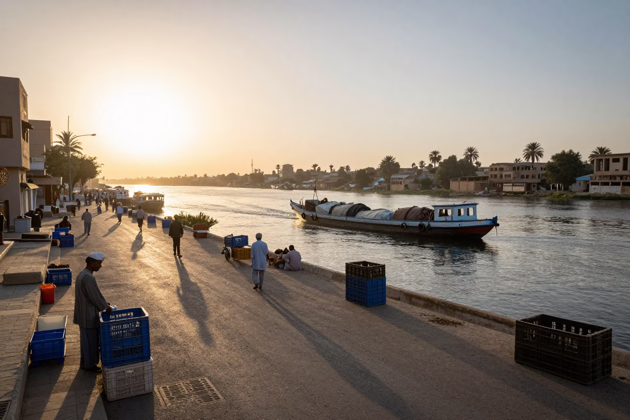 Luxor Egypt Sunrise Street Scene with Canal Barge and Local Commerce in in Luxor, Egypt