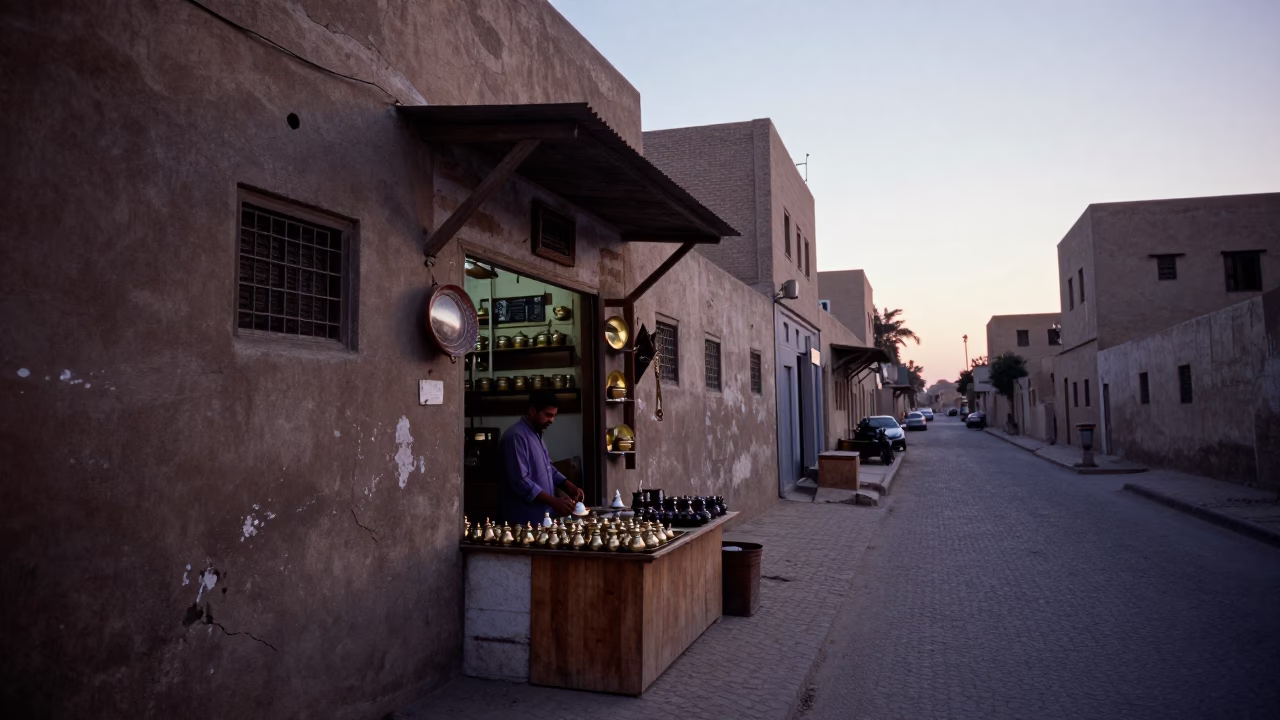 Luxor Egypt Sunrise Street Scene with Cracked Stucco and Local Commerce in in Luxor, Egypt