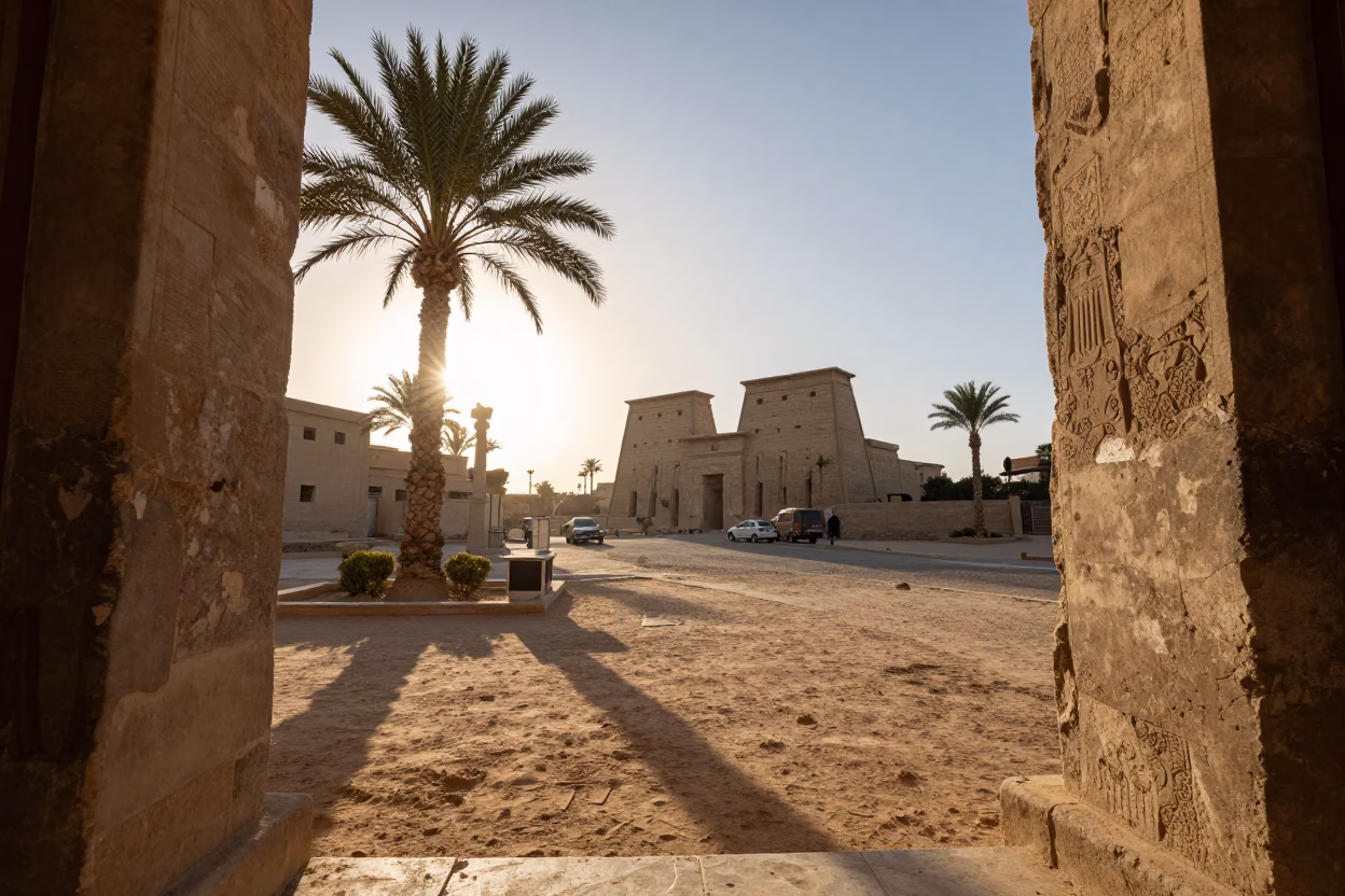 Luxor Egypt Sunrise Street Scene with Fan Palm Shadows and Traditional Architecture in in Luxor, Egypt
