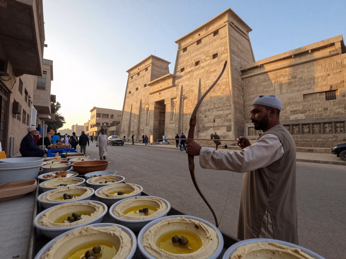 Luxor Egypt Sunrise Street Scene with Hummus and Traditional Archery in Background in in Luxor, Egypt