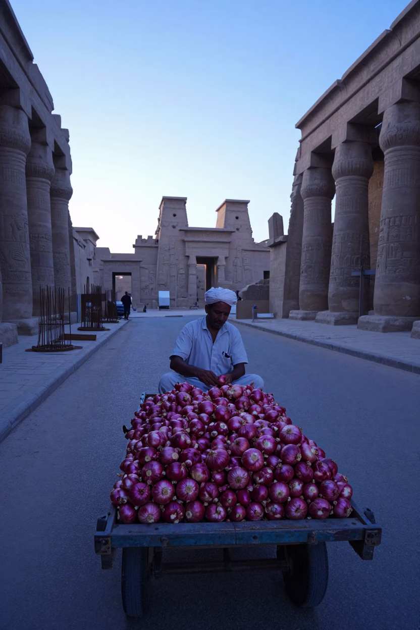 Luxor Egypt Sunrise Street Scene With Onions And Construction Rebar Before Dawn in in Luxor, Egypt