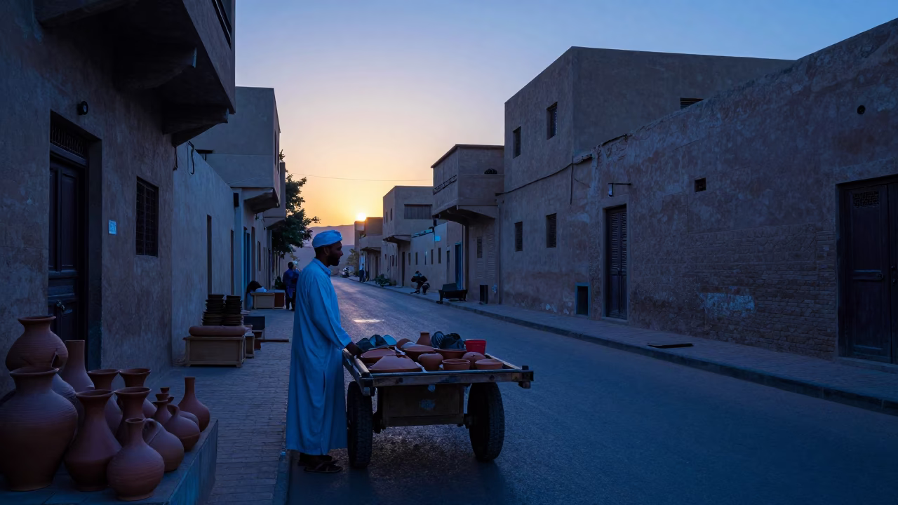 Luxor Egypt sunrise street scene with vendor and traditional clay carafe in in Luxor, Egypt