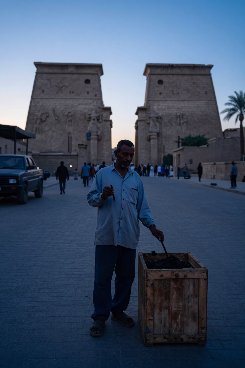 Luxor Egypt sunrise street scene with vendor charcoal stick and dust brush in in Luxor, Egypt