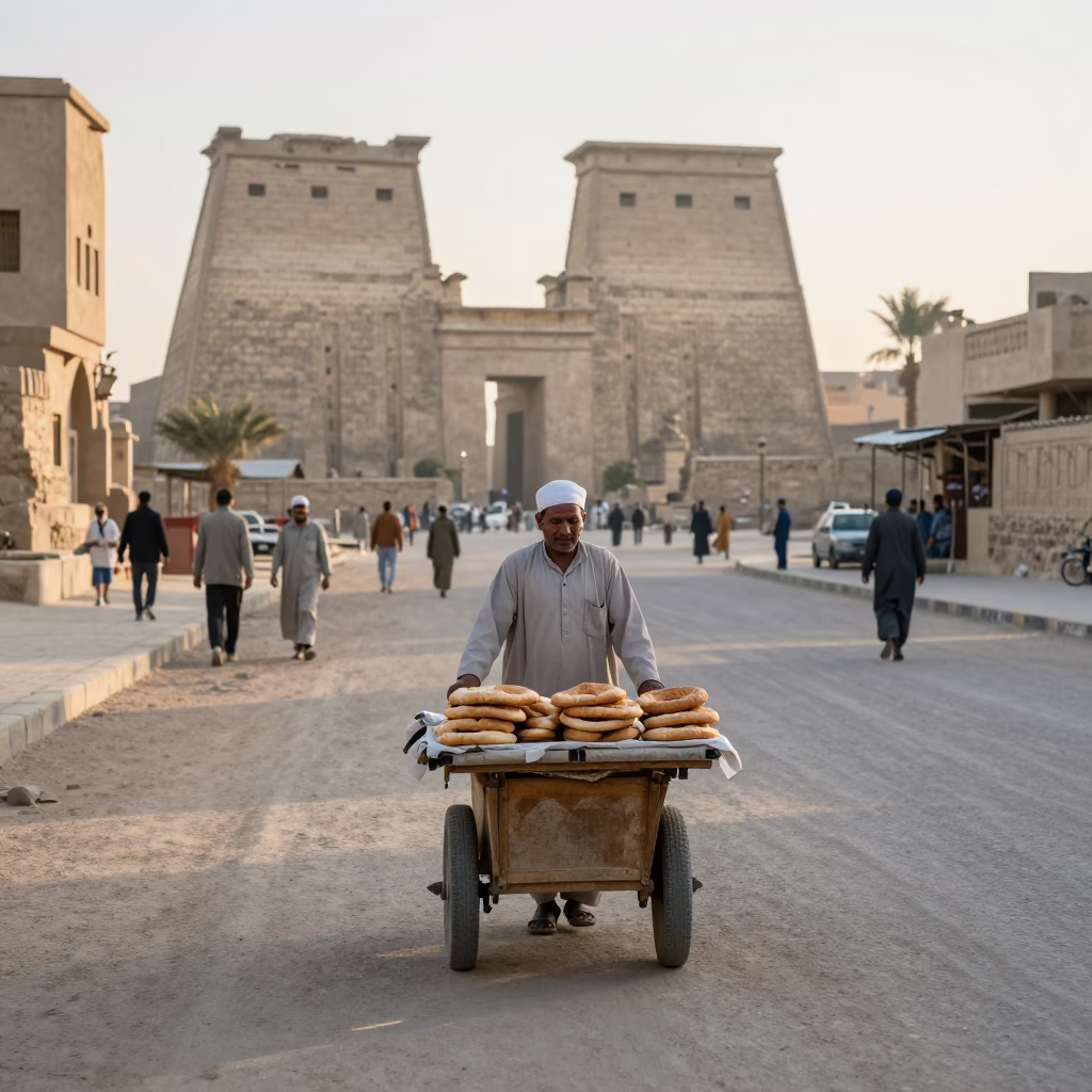 Luxor Egypt sunrise street scene with vendor rolling cart and traditional architecture in in Luxor, Egypt