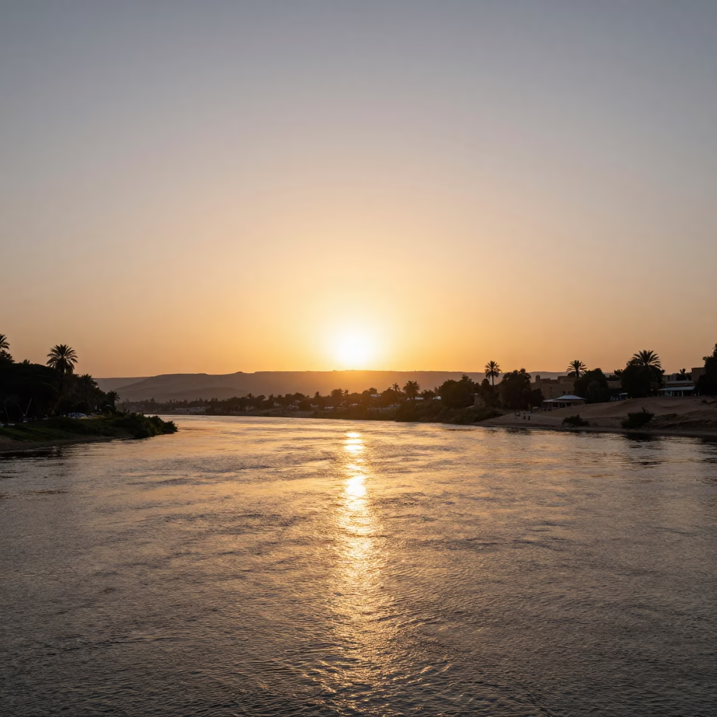 Luxor Egypt Sunset Horizon View of Nile River and Ancient Temple Silhouettes with Boats in in Luxor, Egypt