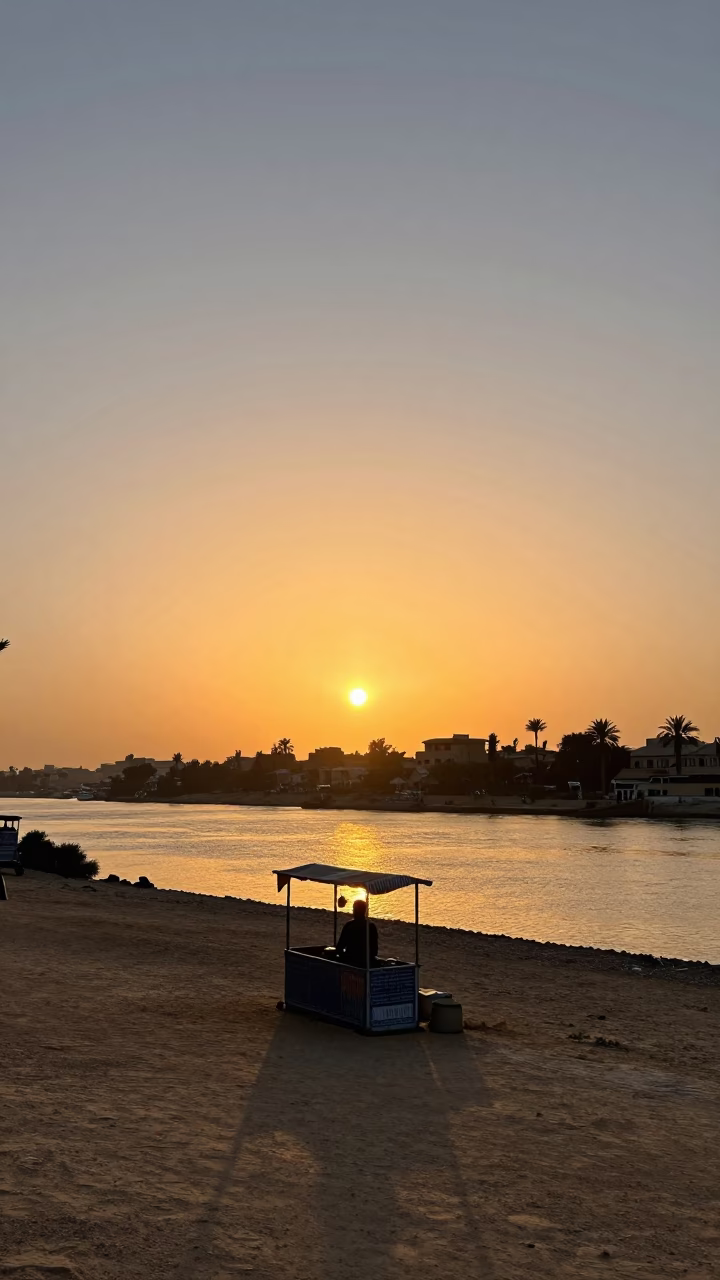Luxor Egypt Sunset Landscape with Kiosk and Local Vendor Scene in in Luxor, Egypt