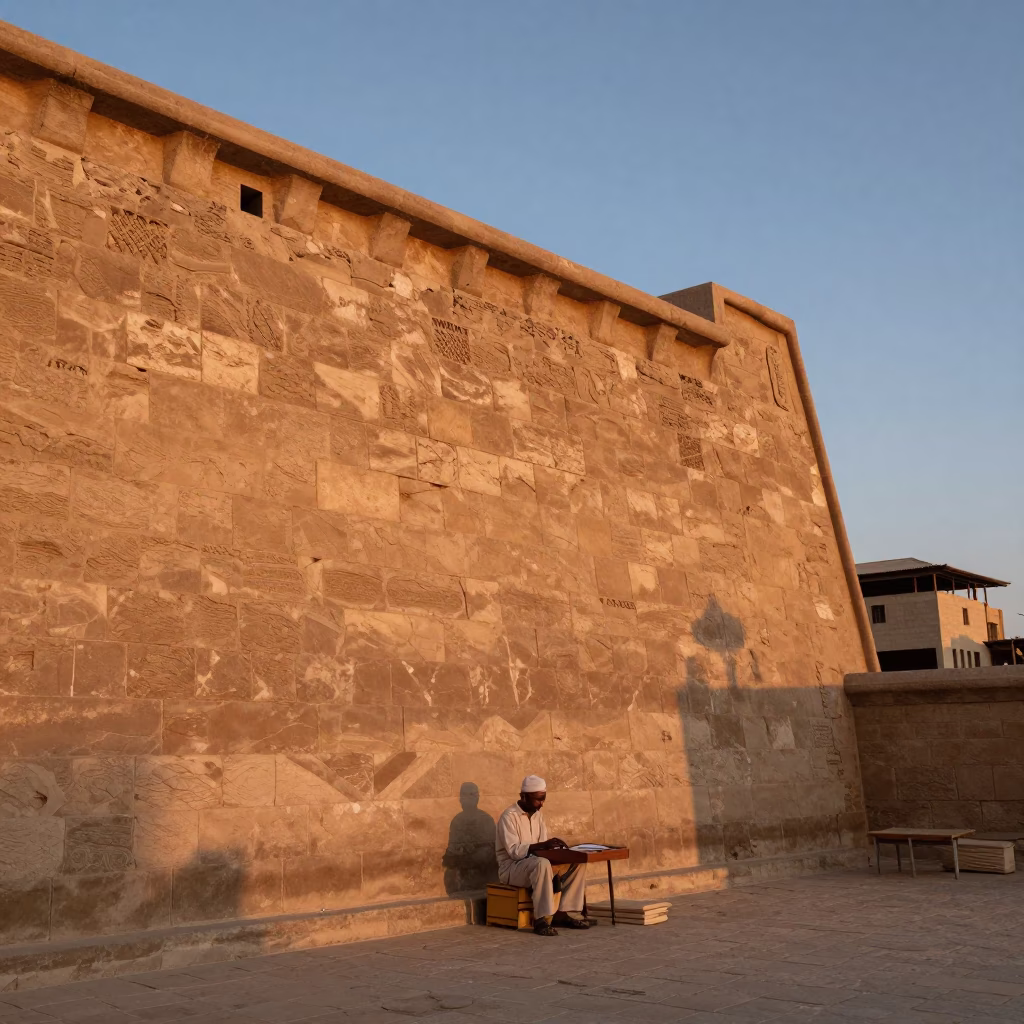 Luxor Egypt Sunset Light Illuminates Ancient Stone Wall and Local Market Activity in in Luxor, Egypt