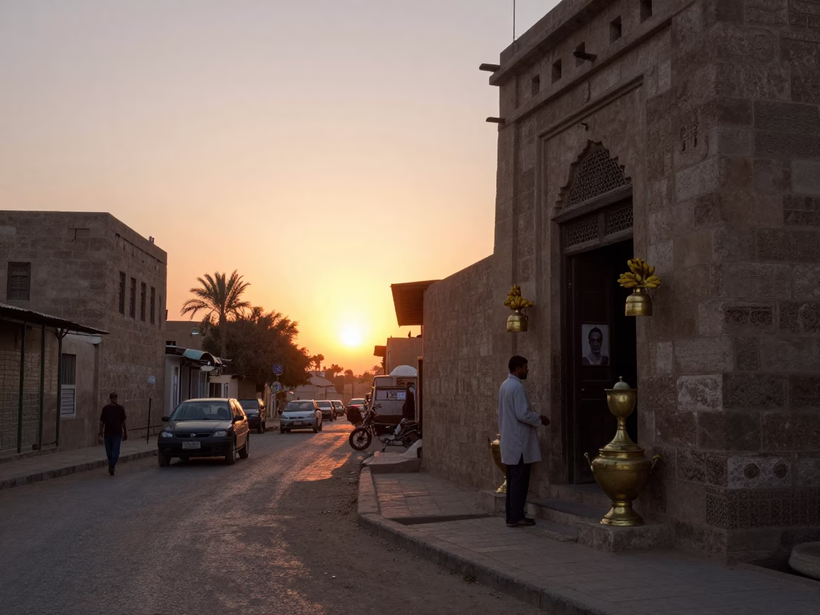 Luxor Egypt sunset street scene with bananas and brass details in in Luxor, Egypt