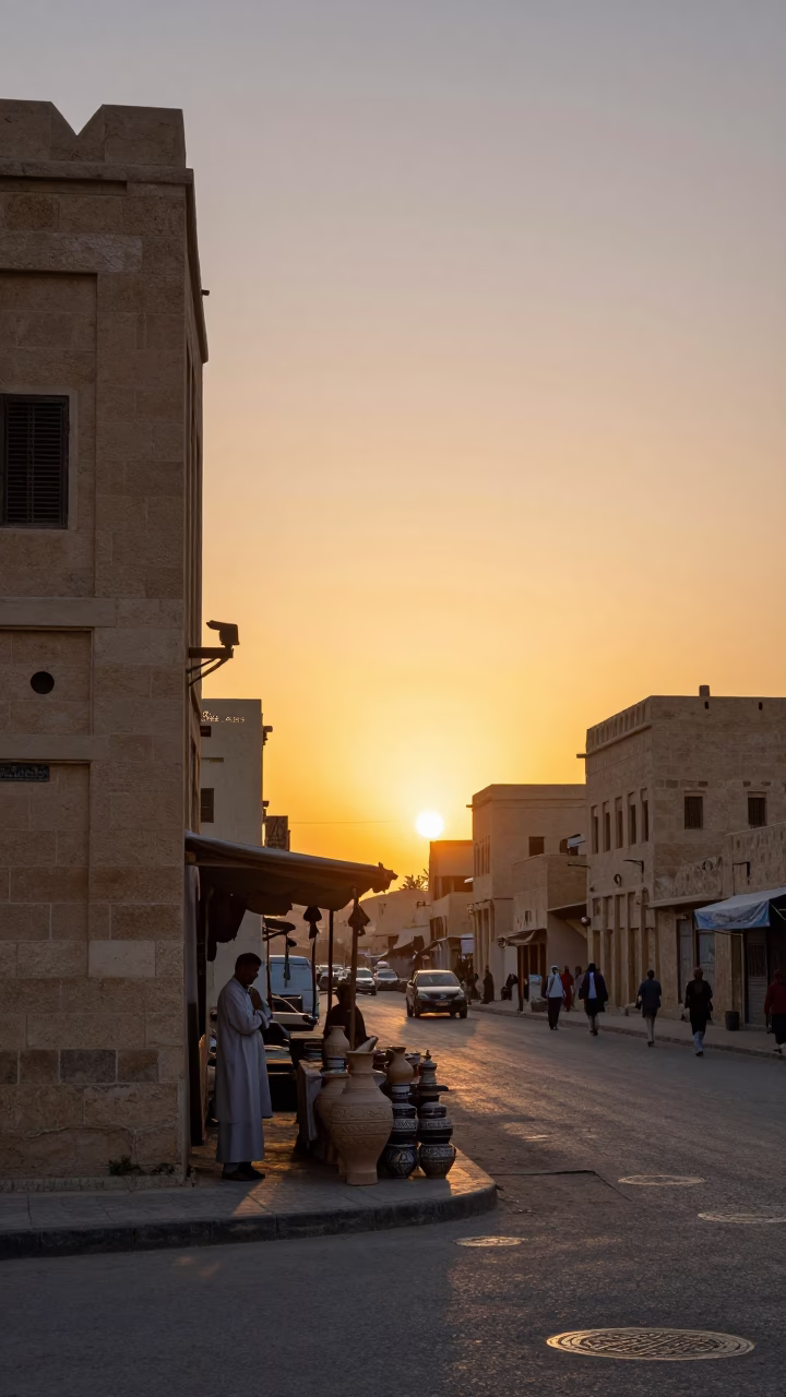 Luxor Egypt Sunset Street Scene with Ceramic Pitcher and Local Commerce in in Luxor, Egypt