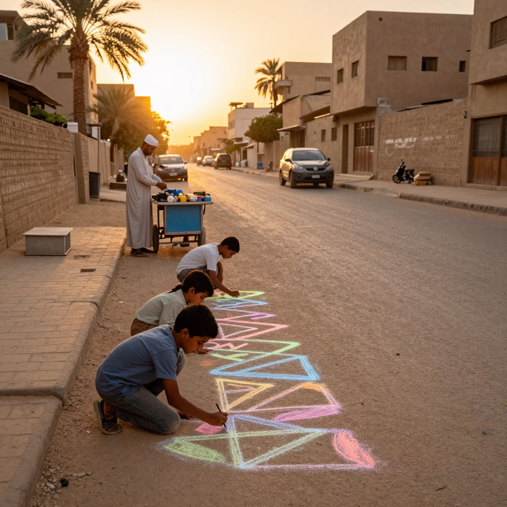 Luxor Egypt Sunset Street Scene with Children Drawing Chalk Sidewalk and Local Activity in in Luxor, Egypt