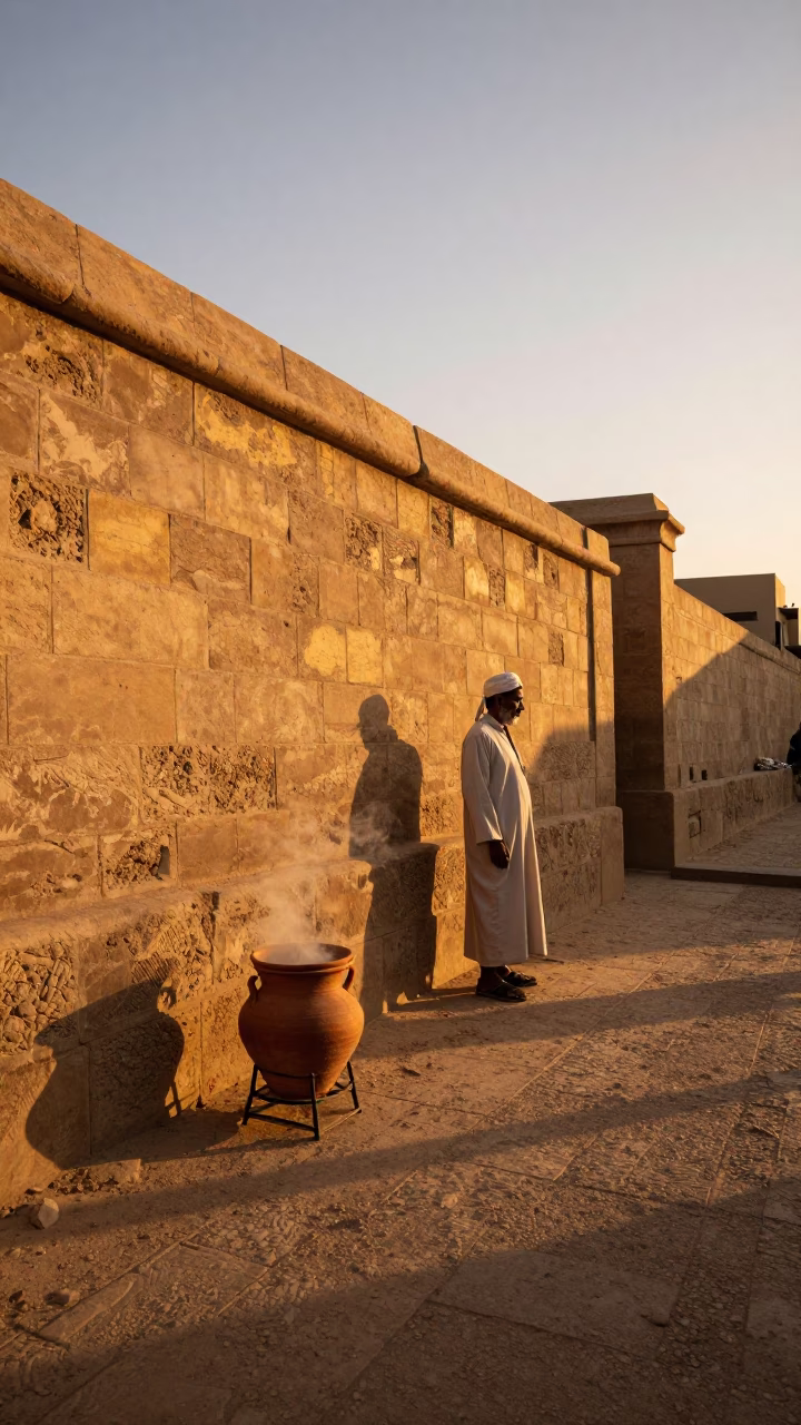 Luxor Egypt Sunset Street Scene with Clay Pot and Stone Wall in in Luxor, Egypt