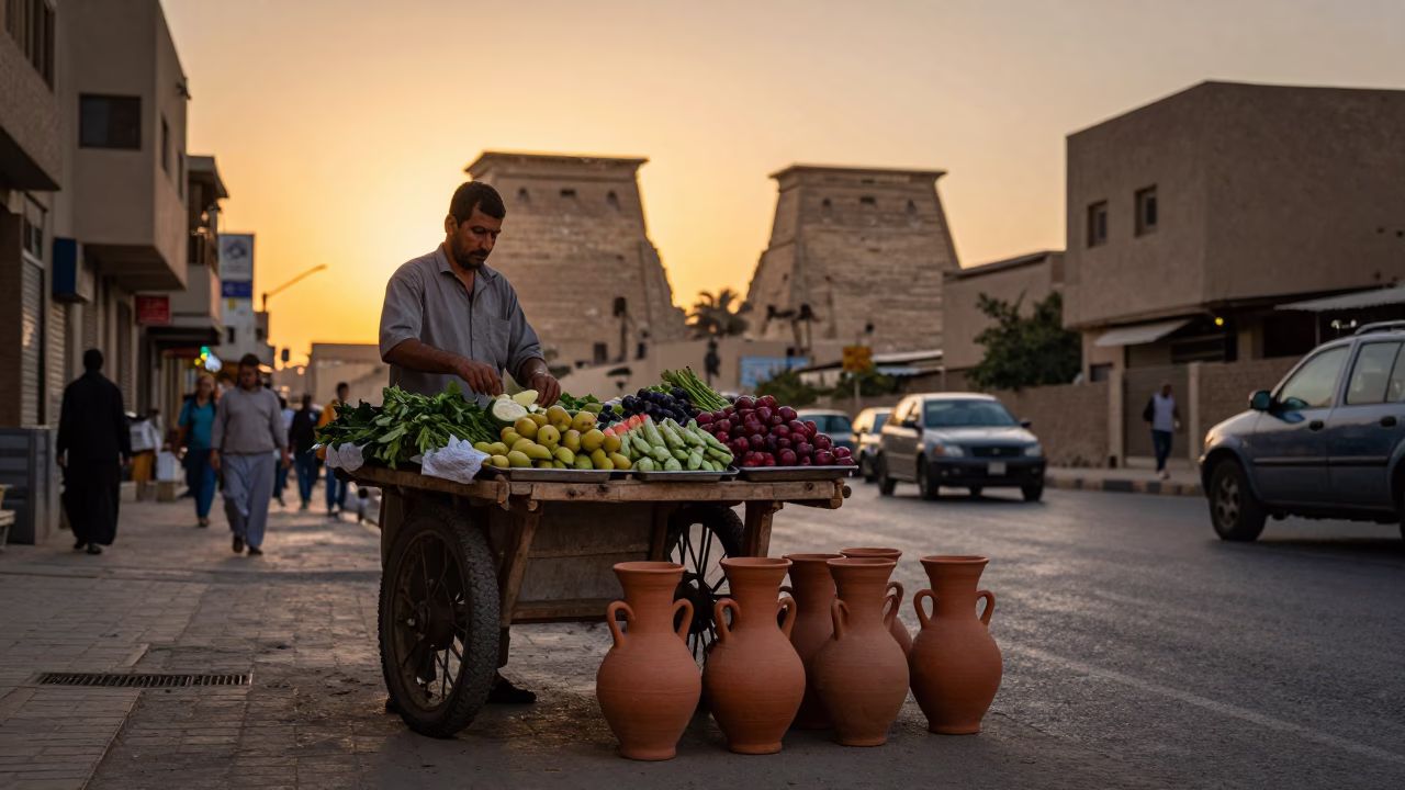 Luxor Egypt Sunset Street Scene with Clay Pot Vendor and Tourists in in Luxor, Egypt