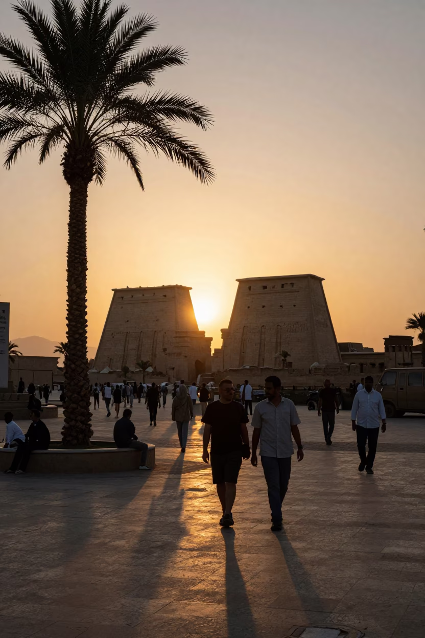 Luxor Egypt Sunset Street Scene with Date Palm and Ancient Stone Architecture in in Luxor, Egypt