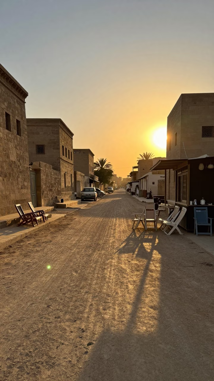 Luxor Egypt Sunset Street Scene with Deck Chairs and Local Life in in Luxor, Egypt