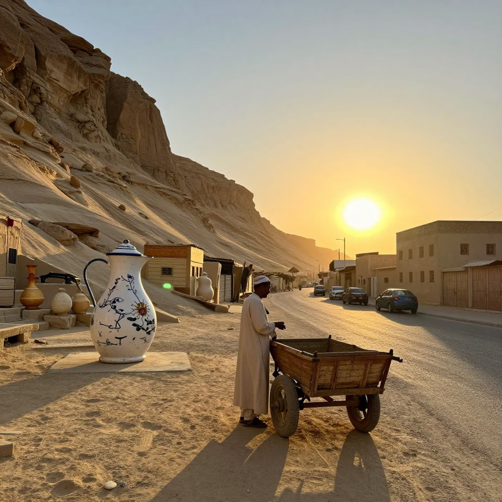 Luxor Egypt Sunset Street Scene with Enamel Pitcher and Local Market Activity in in Luxor, Egypt