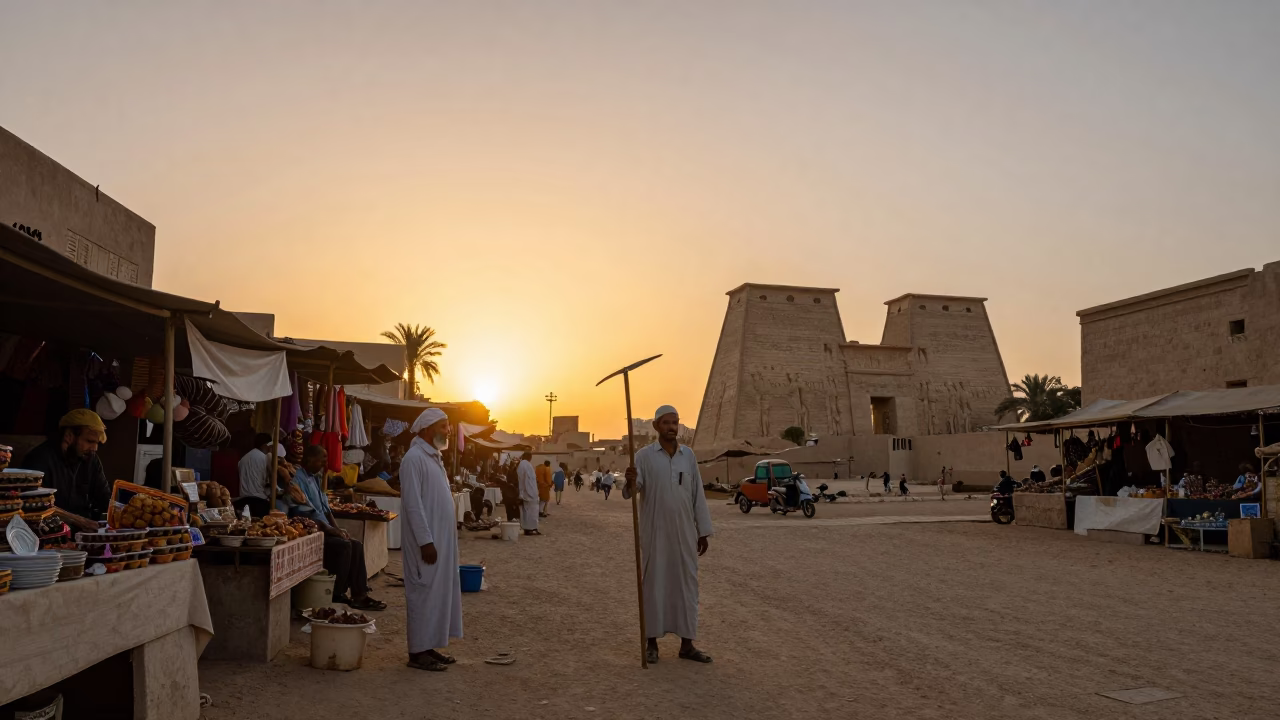 Luxor Egypt Sunset Street Scene with Farmer Holding Hoe and Coffee Tin in in Luxor, Egypt