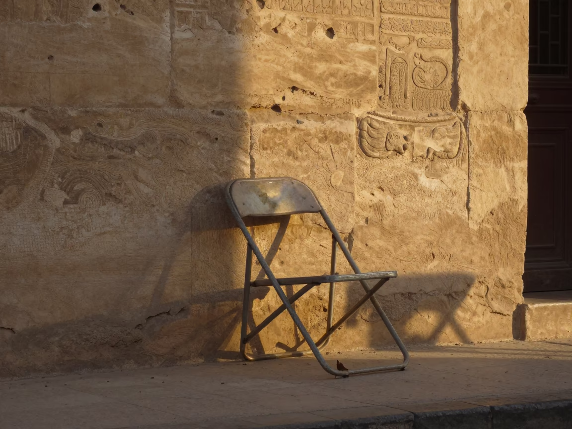 Luxor Egypt Sunset Street Scene with Folding Chair and Leaf Shadows in in Luxor, Egypt