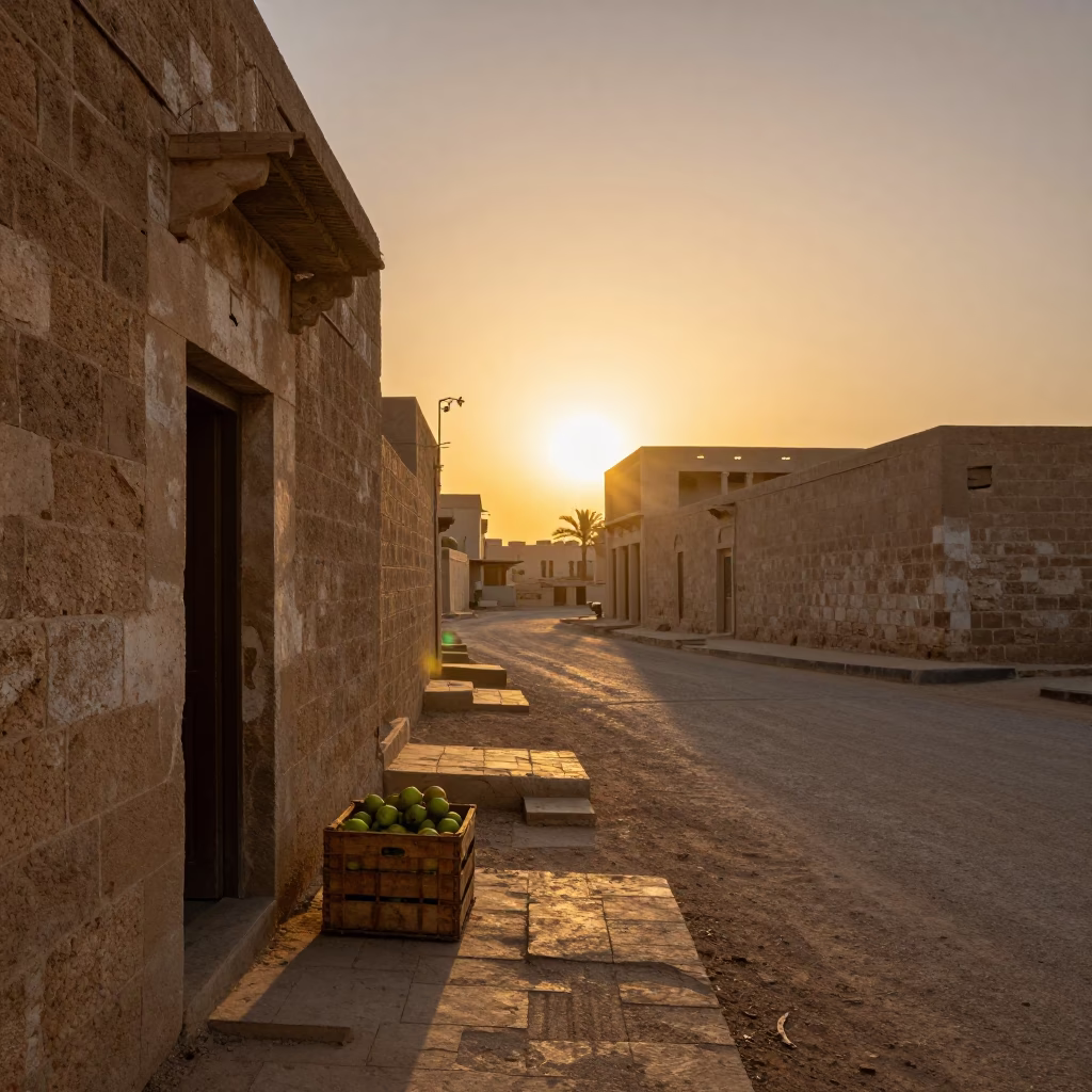 Luxor Egypt Sunset Street Scene with Fruit Crate and Traditional Architecture in in Luxor, Egypt