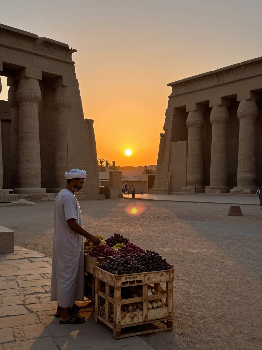 Luxor Egypt sunset street scene with fruit vendor and traditional architecture in in Luxor, Egypt