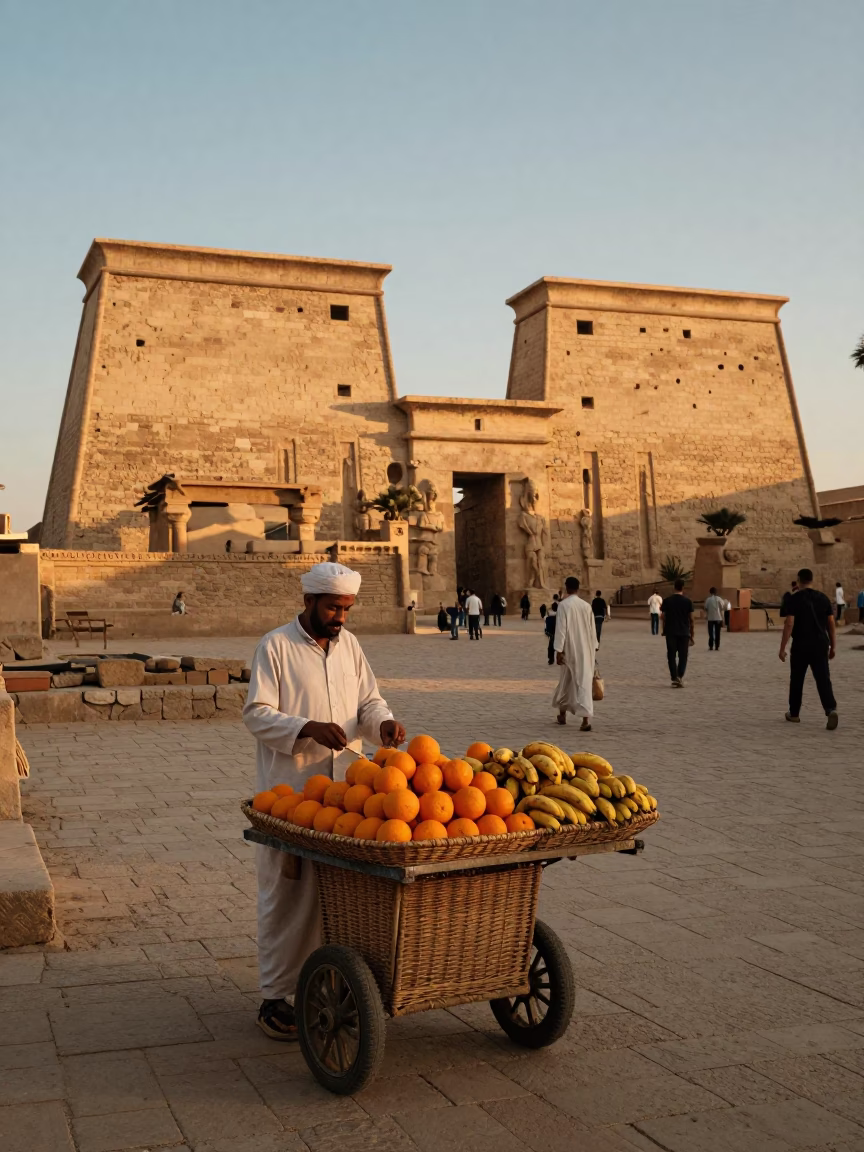 Luxor Egypt Sunset Street Scene with Fruit Vendor and Wicker Basket in in Luxor, Egypt