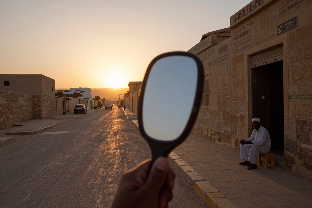 Luxor Egypt sunset street scene with hand mirror and striped towel in in Luxor, Egypt