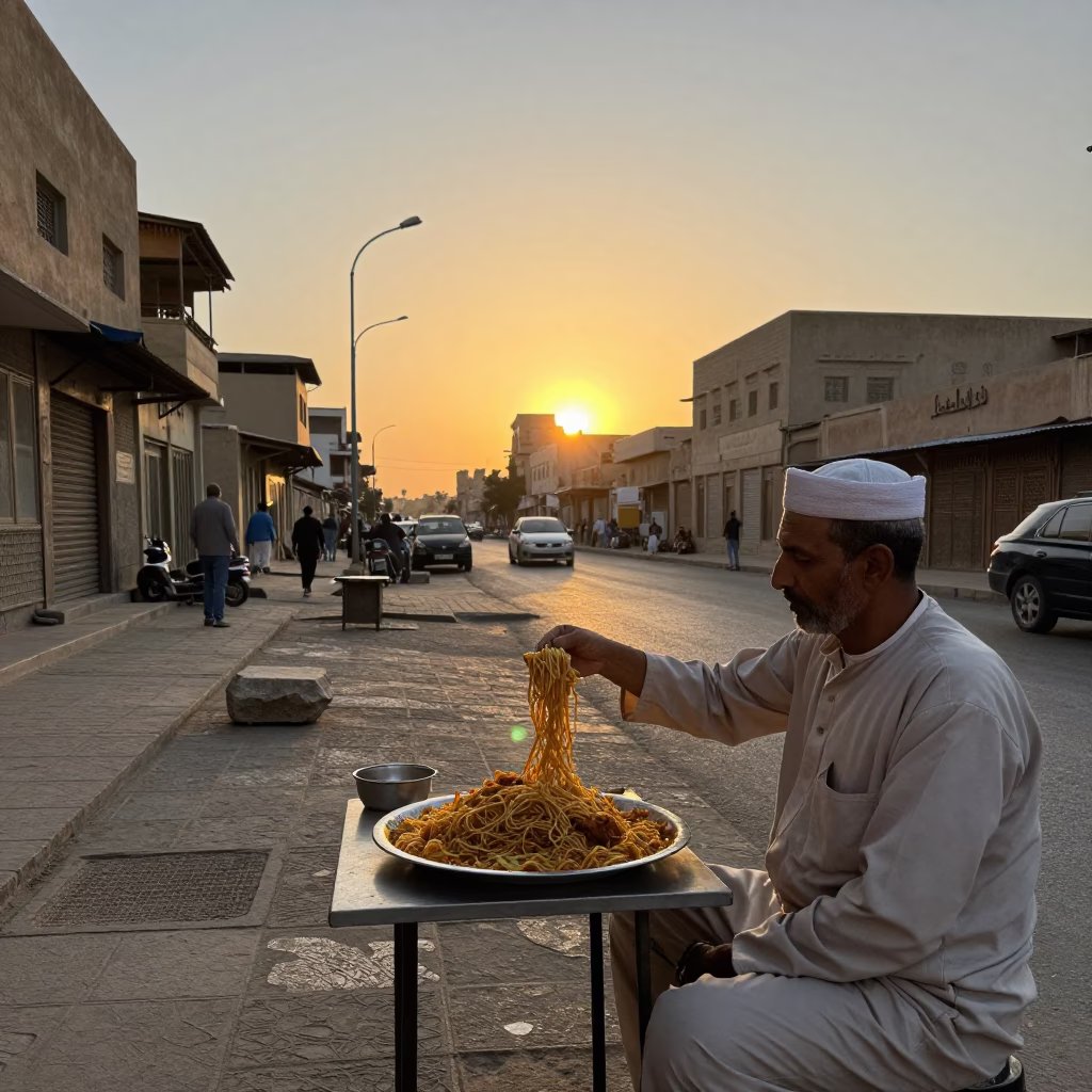 Luxor Egypt Sunset Street Scene with Koshari Plate and Stone Temple Background in in Luxor, Egypt