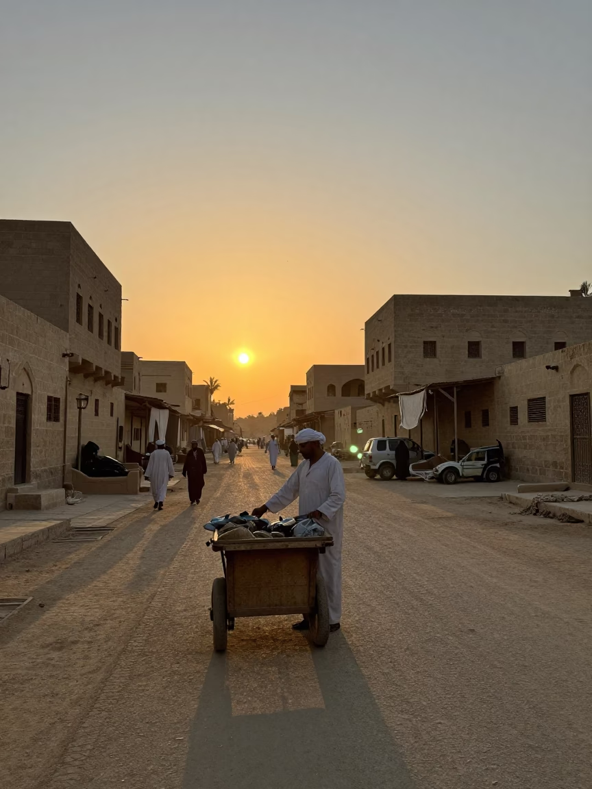Luxor Egypt sunset street scene with local vendor and traditional architecture in in Luxor, Egypt