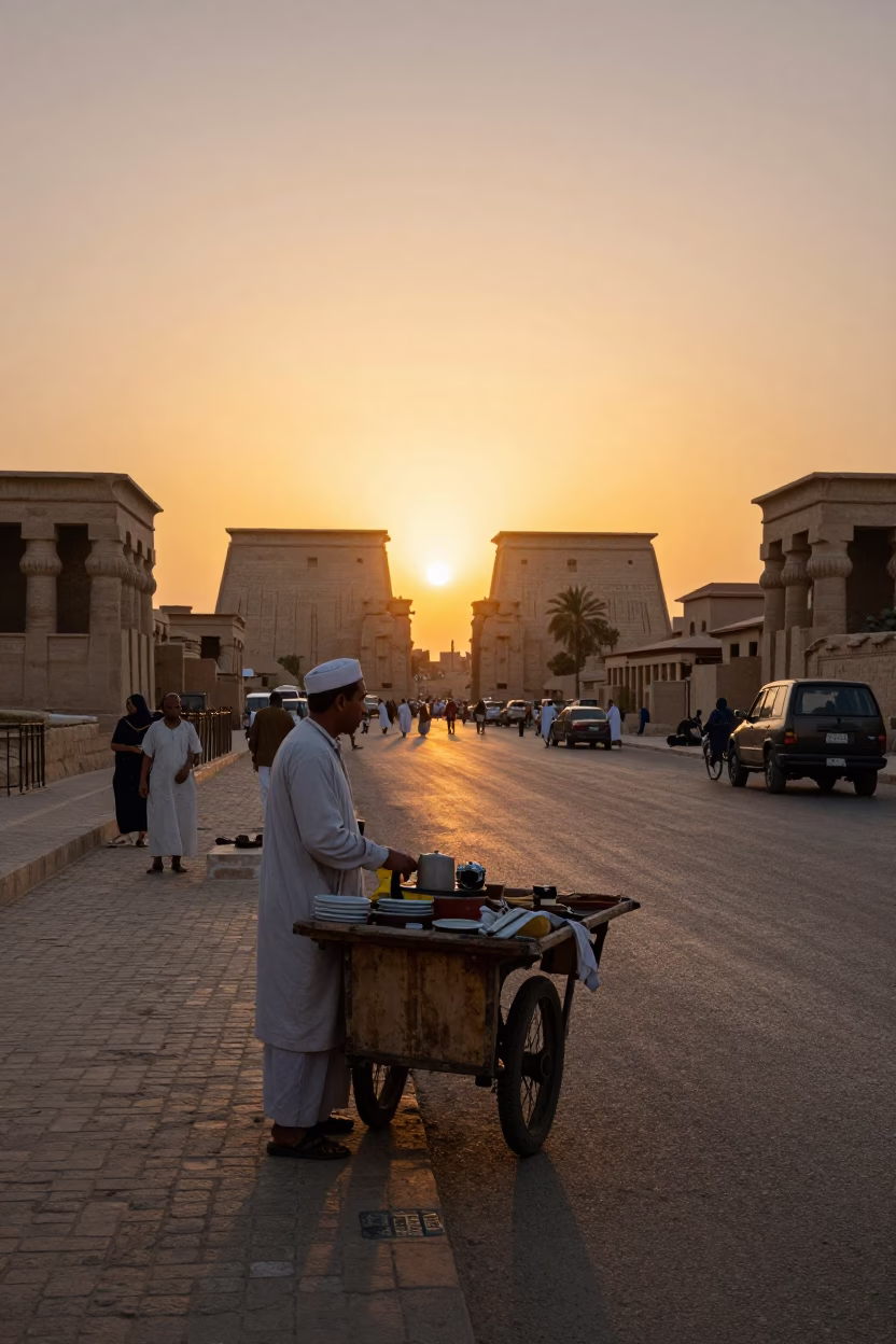 Luxor Egypt sunset street scene with local vendor and traditional goods near ancient temples in in Luxor, Egypt
