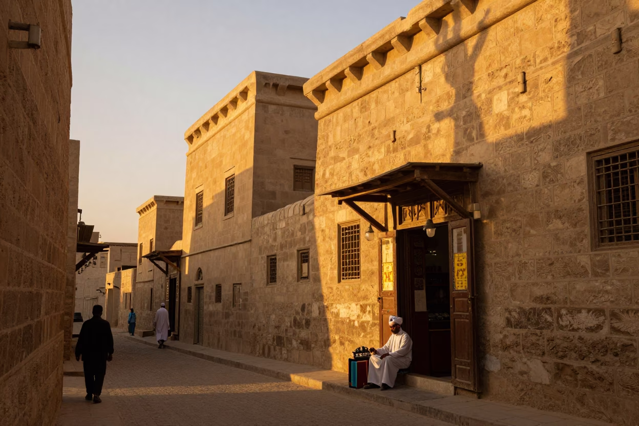 Luxor Egypt Sunset Street Scene with Local Vendor and Traditional Market Activity in in Luxor, Egypt