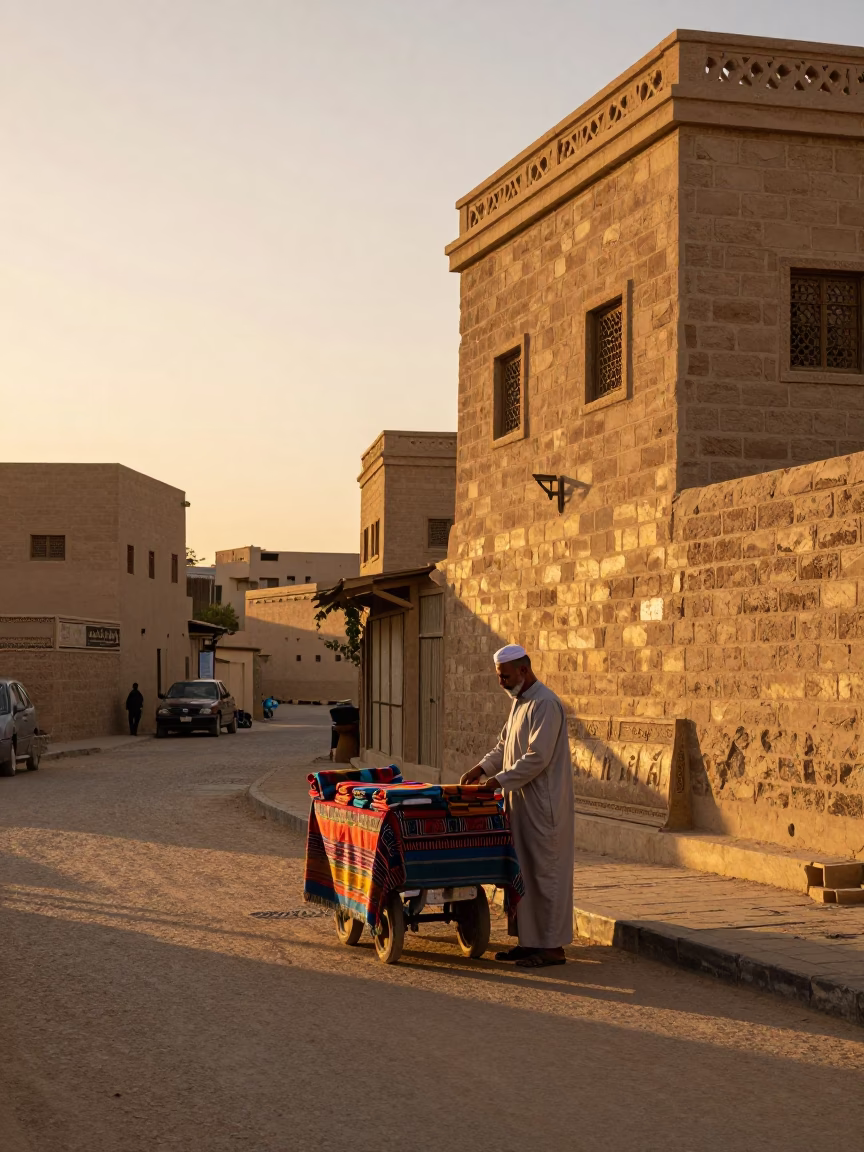Luxor Egypt Sunset Street Scene with Local Vendor and Traditional Textiles in in Luxor, Egypt