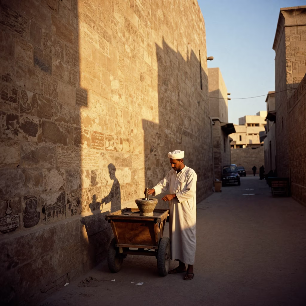 Luxor Egypt Sunset Street Scene with Mortar Pestle and Watering Bottle in in Luxor, Egypt
