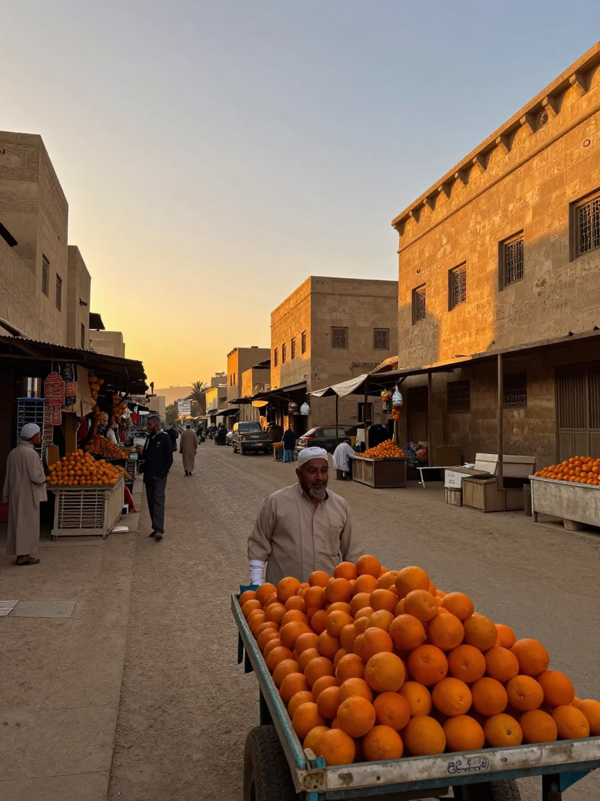 Luxor Egypt Sunset Street Scene with Oranges and Traditional Market Activity in in Luxor, Egypt