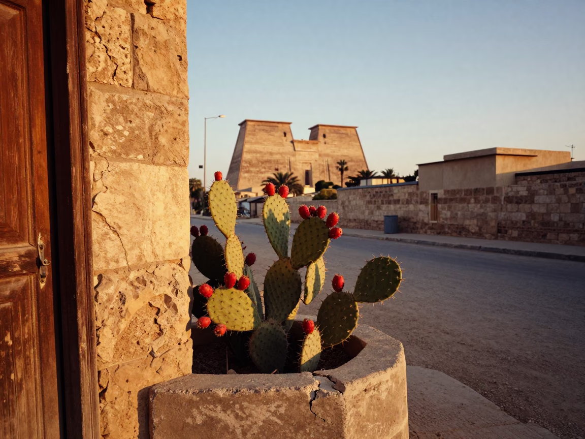 Luxor Egypt Sunset Street Scene with Prickly Pear Cactus and Traditional Architecture in in Luxor, Egypt