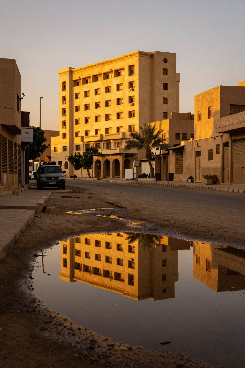 Luxor Egypt Sunset Street Scene with Puddle Reflection of Hotel Windows and Tail Lights in in Luxor, Egypt