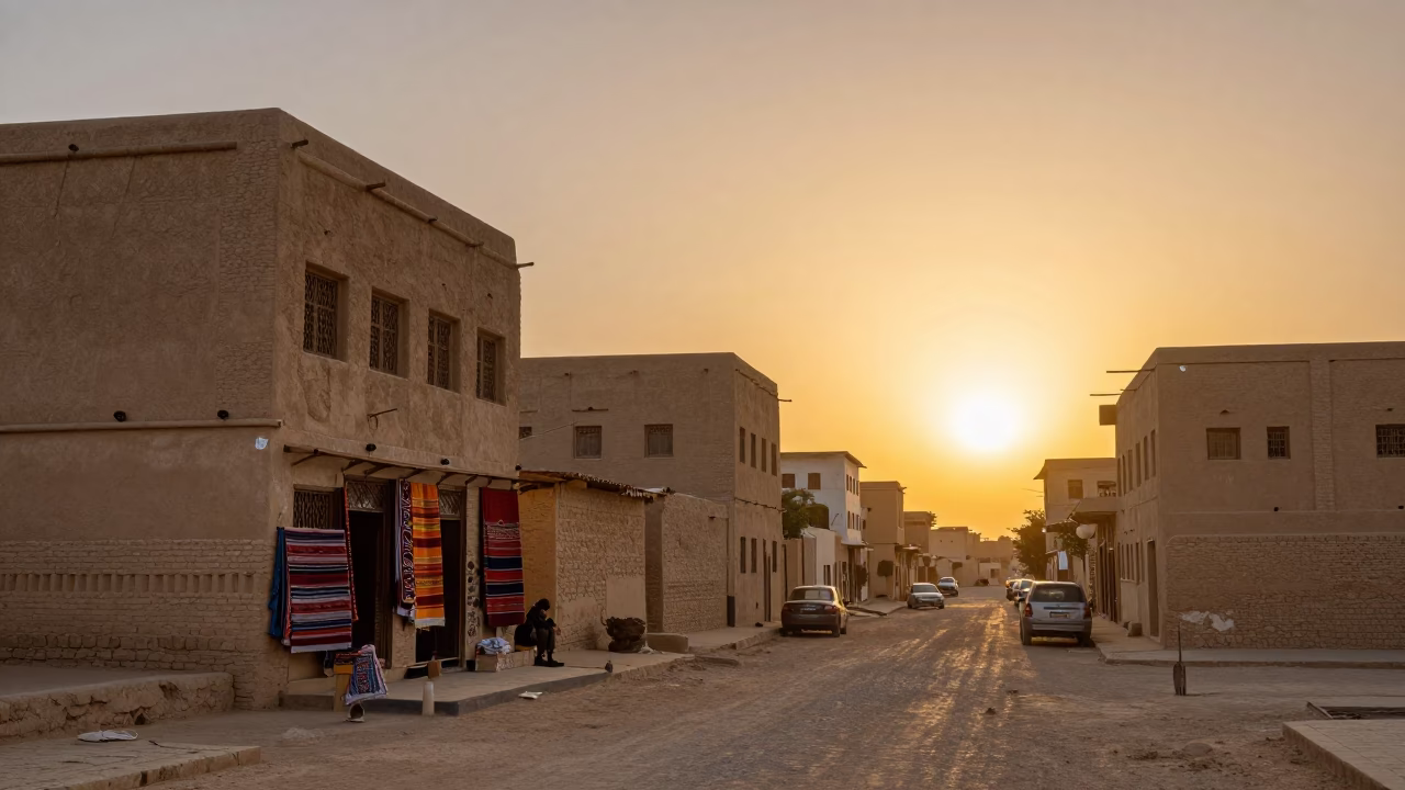 Luxor Egypt Sunset Street Scene with Sandstone Buildings and Local Activity in in Luxor, Egypt