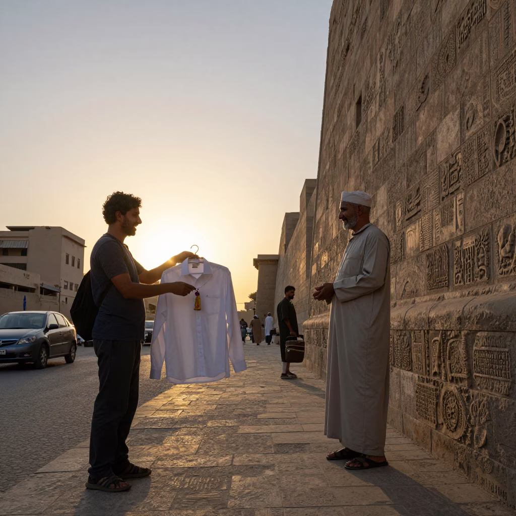 Luxor Egypt Sunset Street Scene with Tourist and Vendor Interaction in in Luxor, Egypt