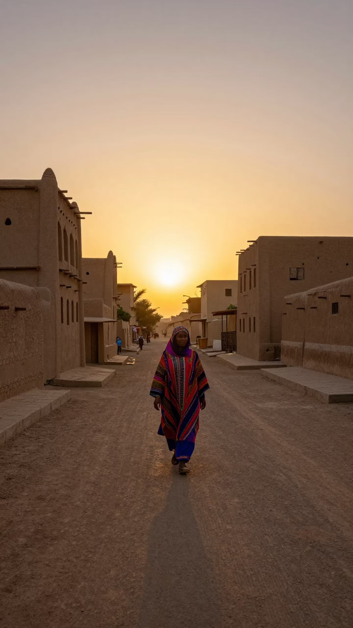 Luxor Egypt Sunset Street Scene with Traditional Nubian Architecture and Local Daily Life in in Luxor, Egypt