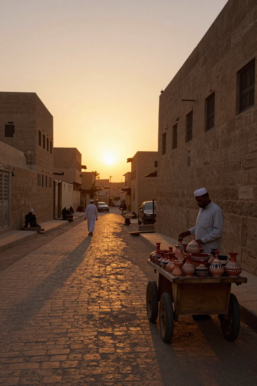Luxor Egypt sunset street scene with traditional pottery and local vendor in in Luxor, Egypt