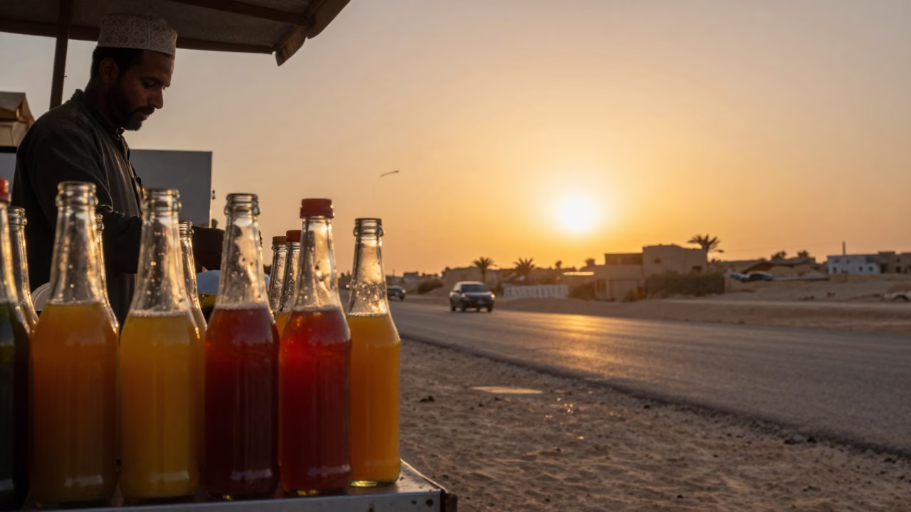 Luxor Egypt sunset street scene with vendor and glass bottles near ancient temple in in Luxor, Egypt