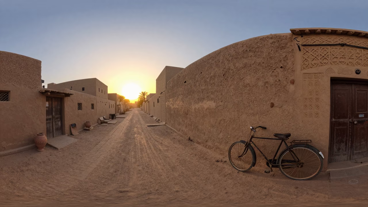 Luxor Egypt Sunset Street Scene with Vintage Bicycle and Terracotta Pot in in Luxor, Egypt