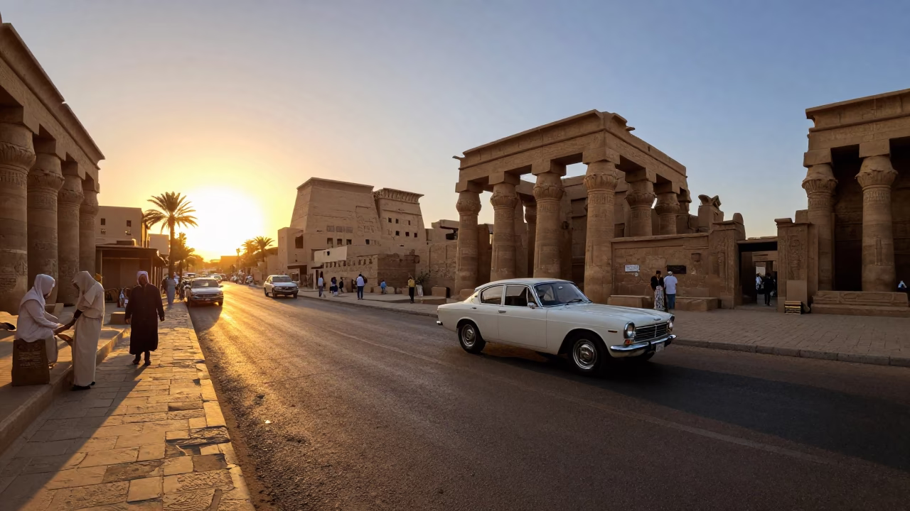 Luxor Egypt Sunset Street Scene with Vintage Car and Local Market Activity in in Luxor, Egypt
