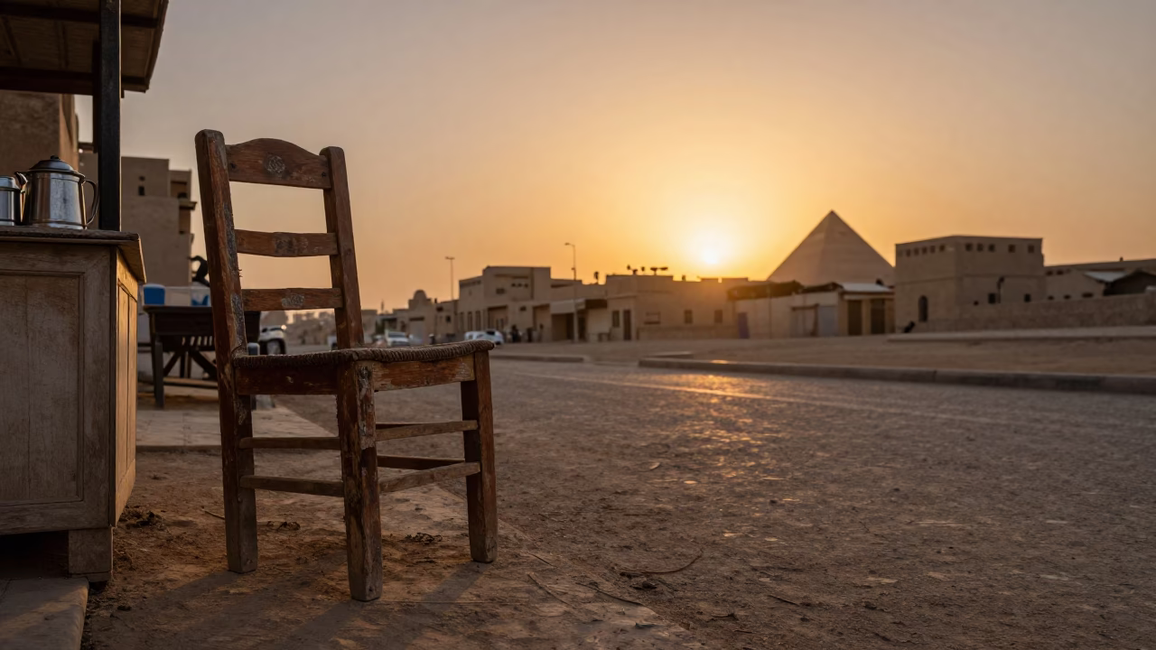 Luxor Egypt sunset street scene with weathered wooden furniture and local life in in Luxor, Egypt