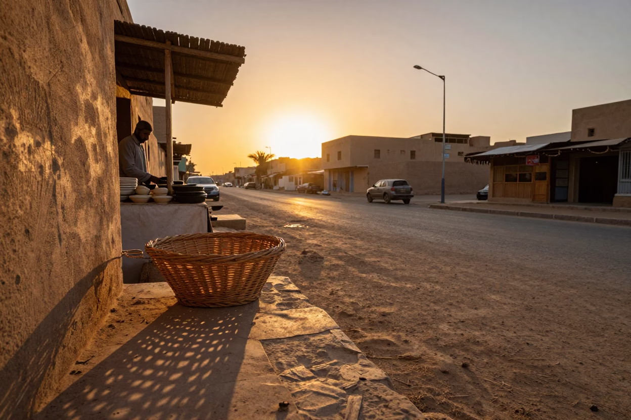 Luxor Egypt Sunset Street Scene with Wicker Shadow and Local Market Activity in in Luxor, Egypt