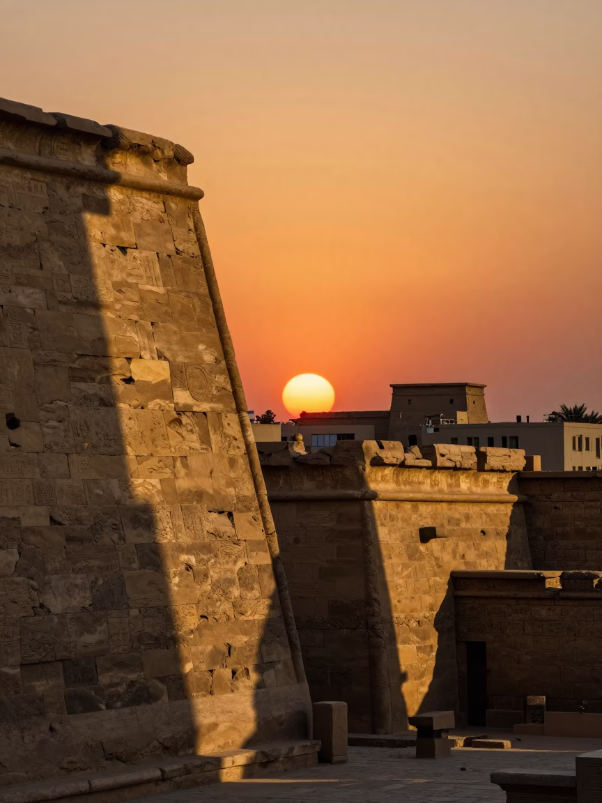 Luxor Egypt Sunset View of Ancient Stone Walls and Local Street Life in in Luxor, Egypt