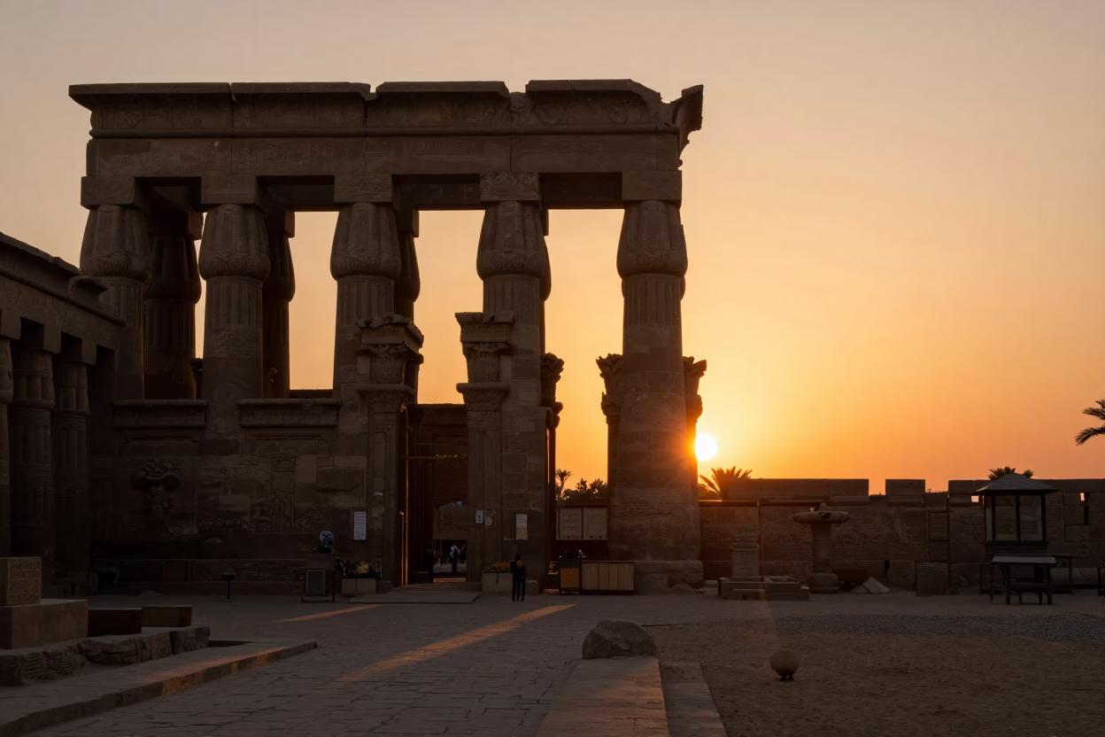Luxor Egypt Sunset View of Ancient Temple Columns and Local Street Life in in Luxor, Egypt