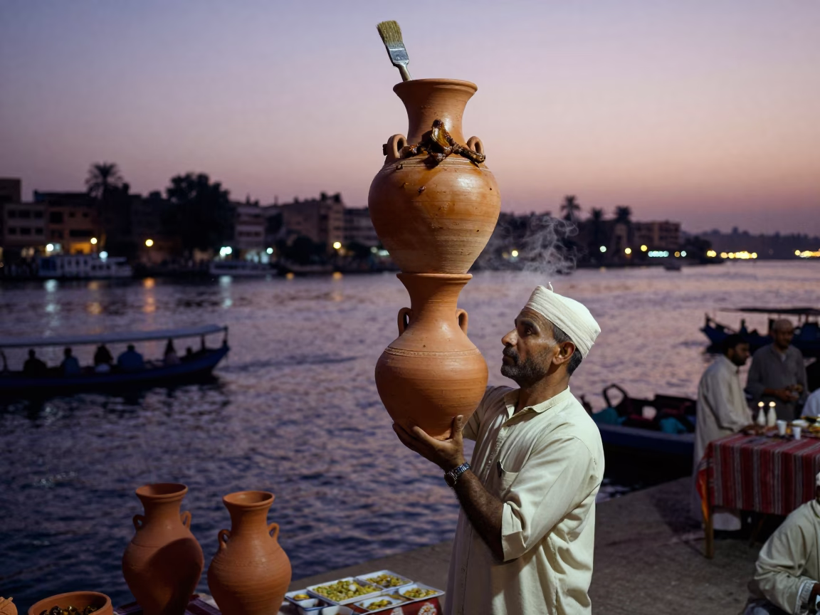 Luxor Egypt Twilight Street Scene with Clay Pot and Brushed Steel Rim in in Luxor, Egypt