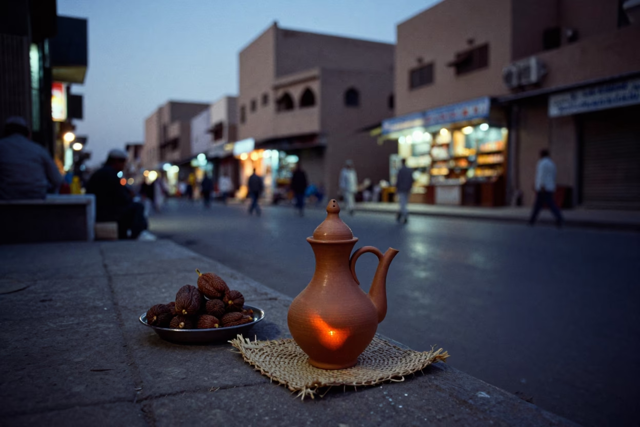 Luxor Egypt twilight street scene with clay teapot and tamarind tree in in Luxor, Egypt