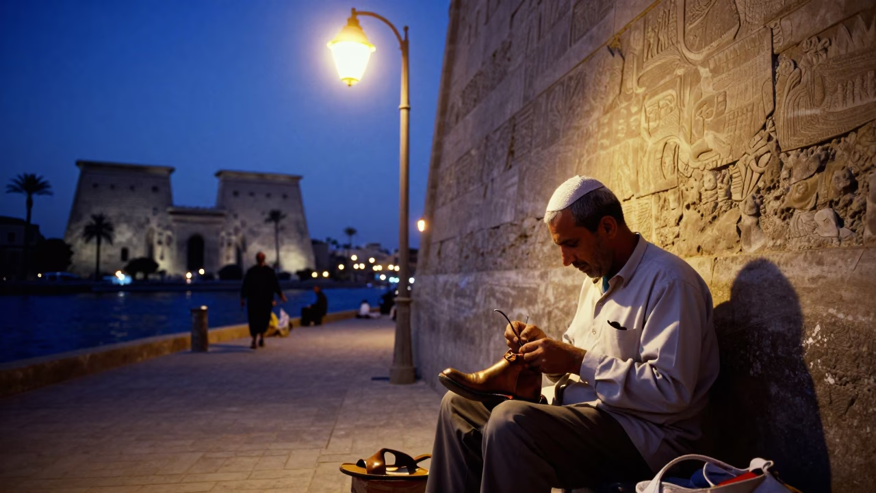 Luxor Egypt Twilight Street Scene with Cobbler Repairing Shoe Near Temple in in Luxor, Egypt