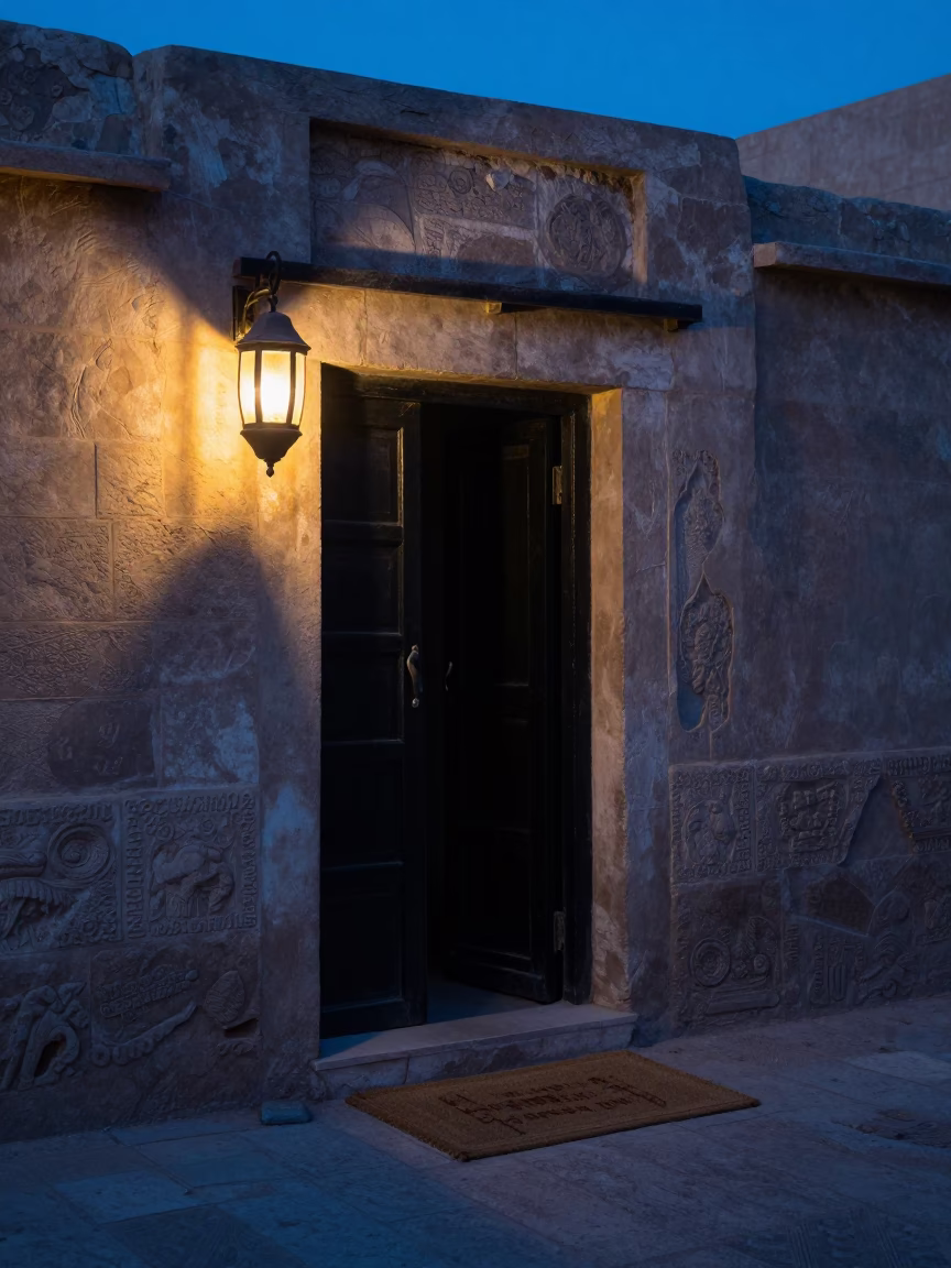 Luxor Egypt Twilight Street Scene with Doormat and Lantern Light in in Luxor, Egypt