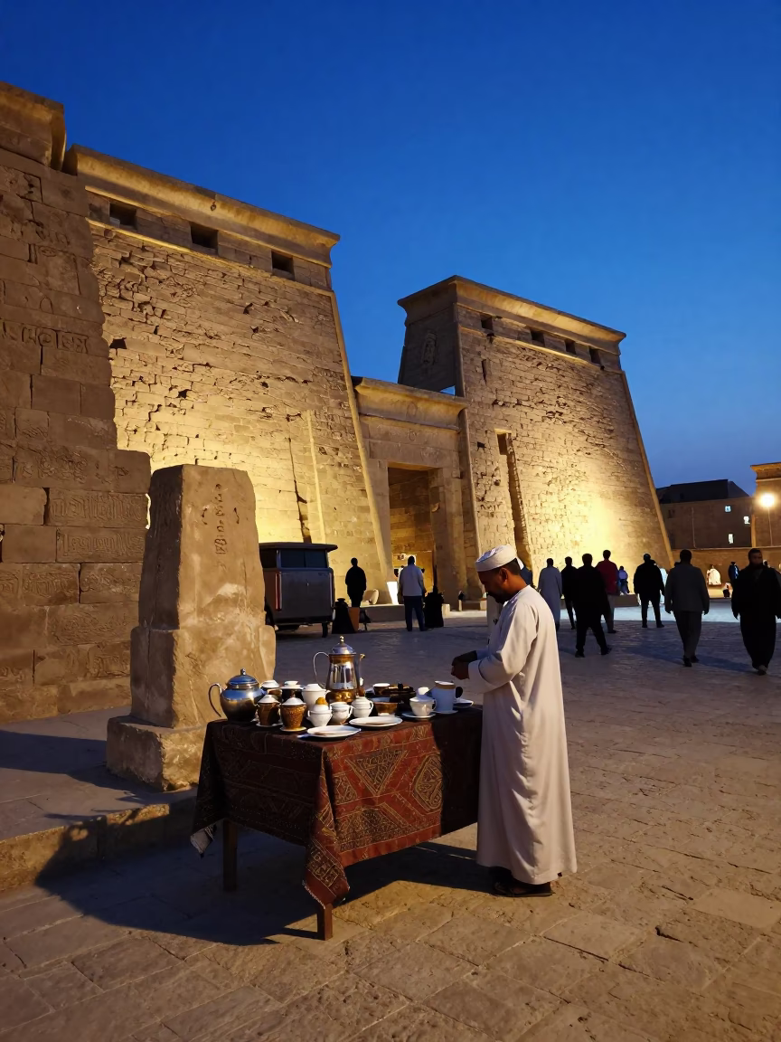 Luxor Egypt Twilight Street Scene with Local Tea Service and Historic Temple Silhouette in in Luxor, Egypt
